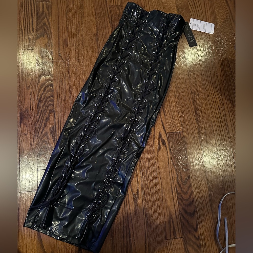 Dolls Kill Kiki Riki Bodycon Black Lace-Up Faux Leather Skirt/dress